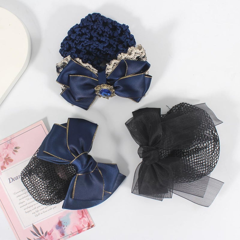Merdia 3 Pcs Bowknot Hair Snood Nets for Women | Mesh Crochet Snoods for Women Hair | Vintage Net Cap with Renaissance Style Clip | Cover Bun Bow Headdress Accessories for Women's | Elegant Head Coverings - Image 3